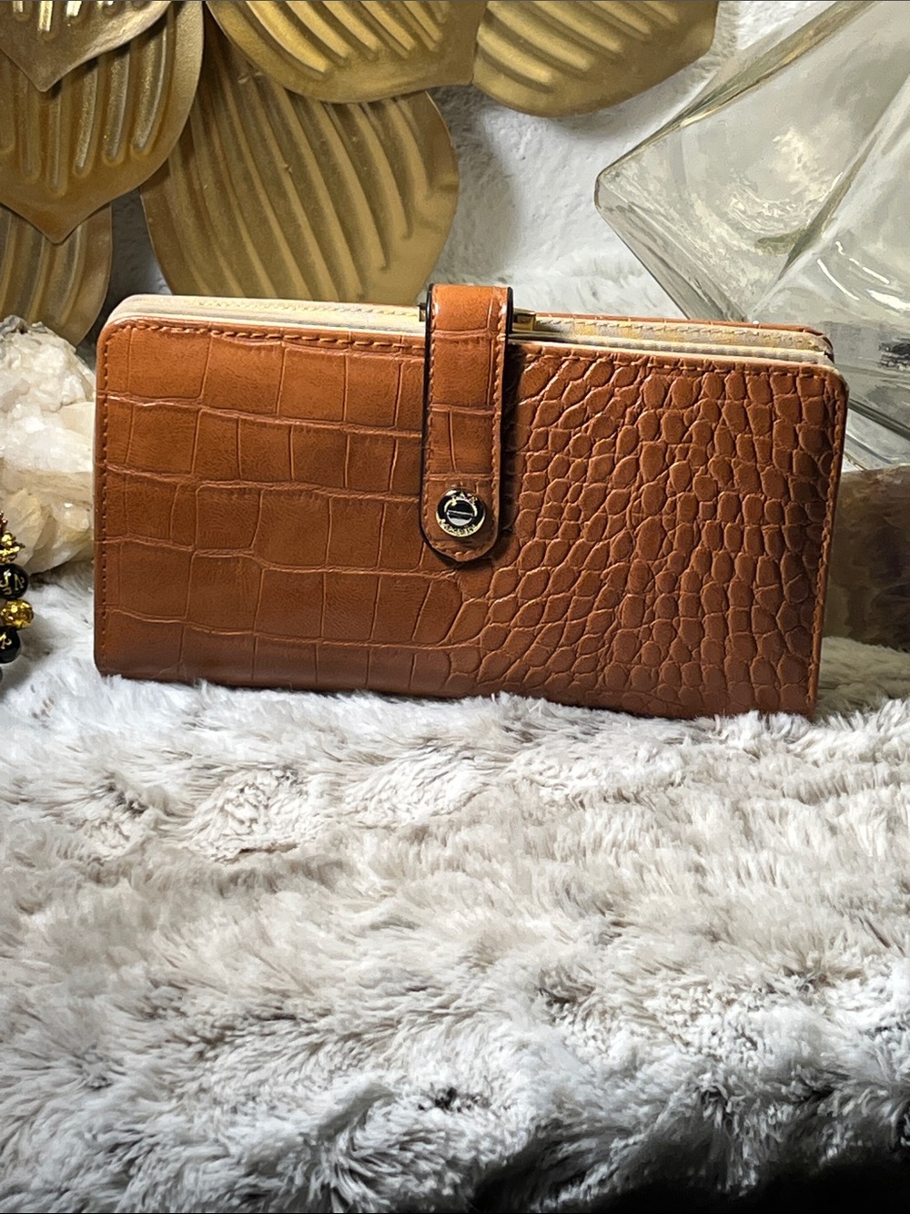 Kate Landry Croc-Embossed Brown Snap Wallet